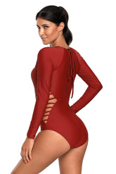 Red Long Sleeve Strappy Hollow-out One-piece Surf Swimsuit